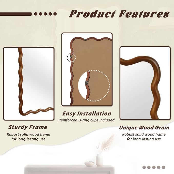 Elountik Wavy Rectangle Solid Wood Decorative Mirror, 30x40 Inches, Black Walnut Frame for Living Room, Bedroom, Bathroom & Entryway Wall Décor