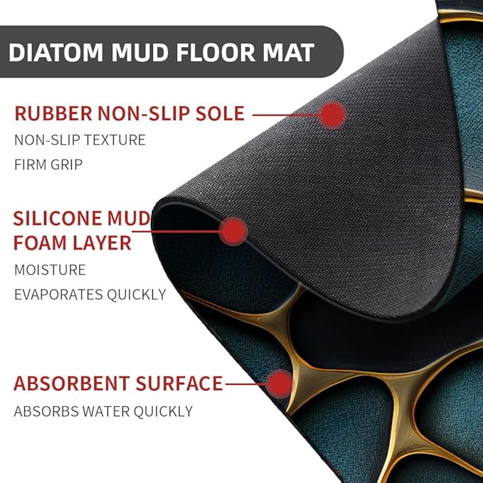 Diatomaceous Earth Bath Mat,Blue and Gold Stones Non-Slip Volume Super Absorbent Fast Drying for Bathroom Kitchen mat,Eco-Friendly Easy to Clean 16×24Inch (40 * 60cm)