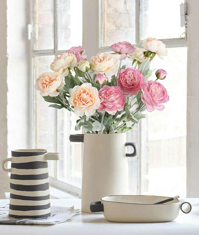 IPOPU Artificial Peonies 6pcs Ranunculus Silk Flowers 18Heads Pink Flowers Combo Champagne Fake Flowers 20.47" Faux Floral Arrangements Wedding Decorations for Home Kitchen (Champagne&Pink)