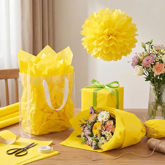 Qilery 500 Sheets Yellow Tissue Paper Bulk for Gift Bags 15 x 20 Inch Acid Free Christmas Packaging Wrapping Paper Sheets for Yellow Party Decoration DIY Craft, Bouquet, Pastry, Wedding