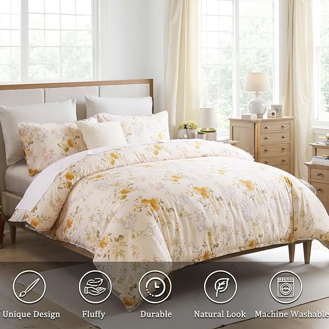 100% Cotton Duvet Cover King Size – Elegent Yellow Floral Duvet Cover Set with Zipper Closure & Corner Ties, 3-Piece Luxury & Silky Soft Bedding Set for All Seasons