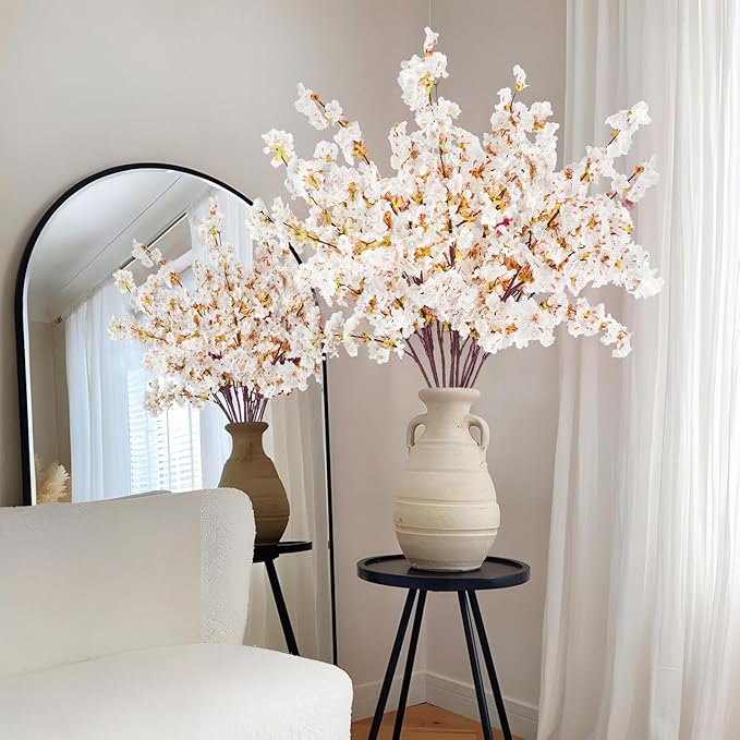 12 Pcs Artificial Cherry Blossom Flowers 40" Faux Silk Cherry Blossom Stems Fake Real Touch Peach Branches for Wedding Home Garden Japanese Decor Ivory White