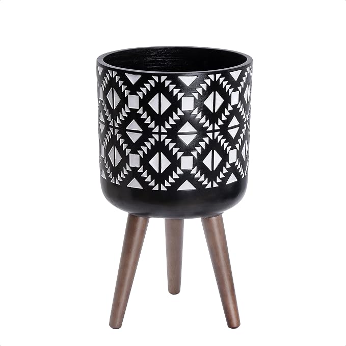 D'vine Dev 10 Inch Planter Pot with Stand, Mid-Century Tall Plant Pot with Legs for Indoor Plants, White/Black, 88-G-B-4