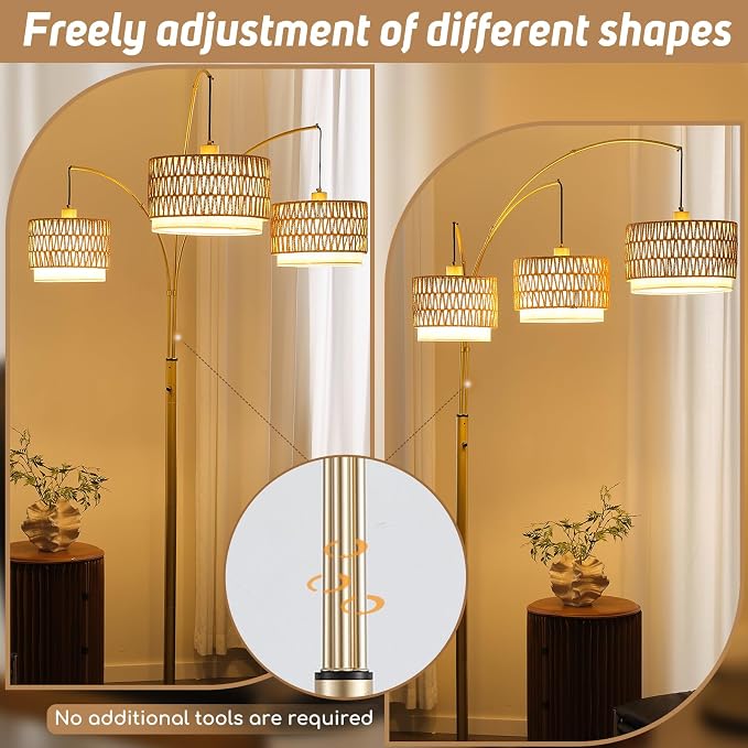 Arc Floor Lamp for Living Room, 80 Inch Gold Rattan Floor Lamp with Rotary Switch, 3 Lights Boho Tall Lamp with Wicker Shade for Coastal,Bohemian,Tree Farmhouse Standing Lamp