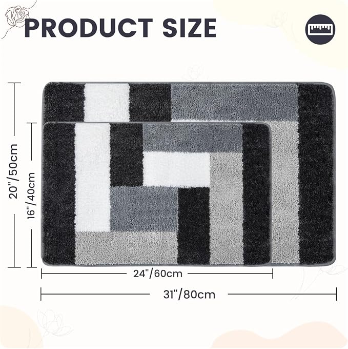 Checkered Bath Mat - Super Absorbent, Soft and Thick, Rubber Backing Non-Slip, Machine Washable Shower Rug, Bath Mat, Bathroom Home Decor Accessories, 20"x31" (50x80cm), Black