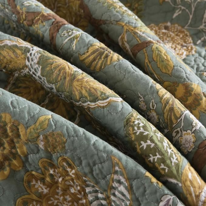 ENASAL Cotton Bedspread Quilt Sets Reversible Bedding Coverlet Sets Comforter, Vintage Floral Farmhouse Pastoral Turquoise Bedspread, King Size
