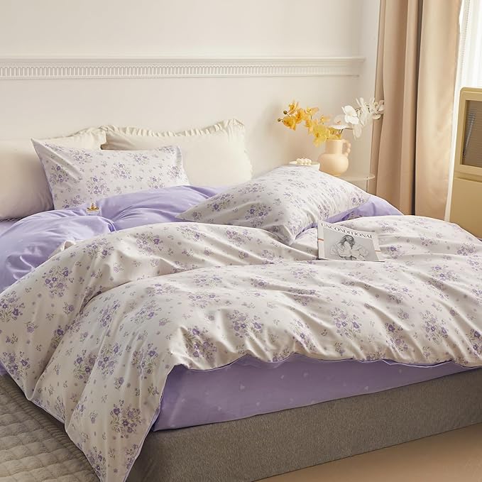 Purple Floral Comforter Set Full Size White Garden Style Floral Printed Bedding Comforter Vintage Flowers Botanical Comforter with 2 Pillowcases Cottagecore Full Bed Comforter Set for All Season