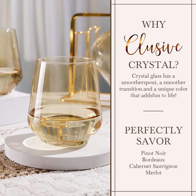Amber Stemless Wine Glass Set of 6-17oz Wine Glasses, Stemless Drinking Glasses for Wine, Cocktails & Beverages - Elegant Glassware for Home, Bar & Holiday Use