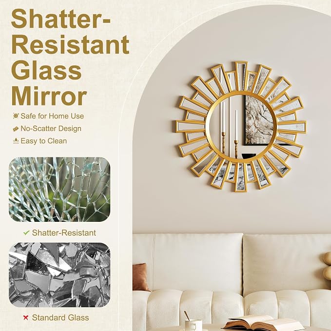 Gold Large Sunburst Wall Mirror - 24 inch Round Beveled Sun Mirror with Layered Metal Frame for Wall Decorative Modern Boho Wall Art for Entryway Bedroom Living Room Hallway Bathroom Dining Room