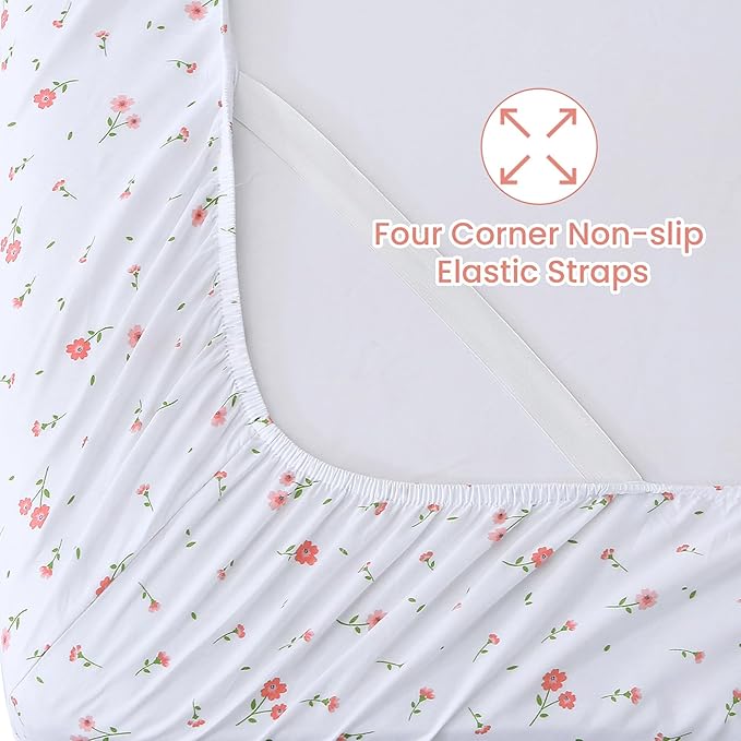 Softan Pink Floral Queen Sheet Set Flower Bed Sheets Queen Size - 4 Piece Microfiber Patterned Fitted Bed Sheets with 15" Deep Pocket, Cozy Cute Pink Flower Sheets and Pillowcase Set