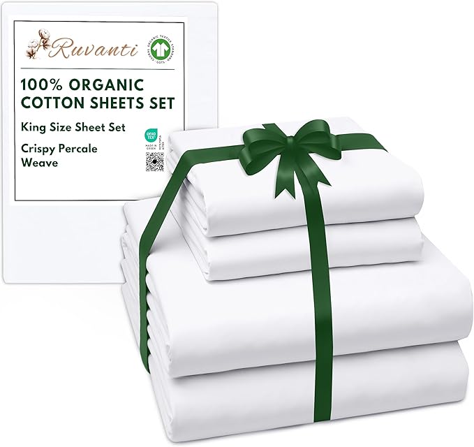 RUVANTI 100% Organic Cotton Sheets King Size, Percale Weave, GOTS Certified, 4-Piece Set, Deep Pocket 15", Crisp & Breathable, Soft Durable Bedding, Sábanas Algodón Orgánico – Bright White
