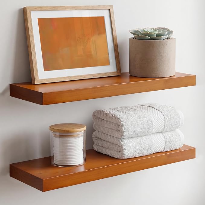 Homeforia 20 inch Floating Shelf Oak, High End Solid Real Wood 20inch Long Floating Shelves for Wall Mounted, Honey Oak Wooden 20in Floating Shelves, Heavy Duty Bracket, 20 X 6.5 X 1.75 inch, Set of 4