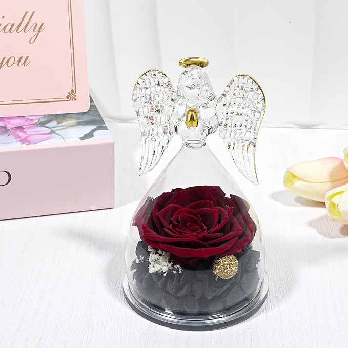 Yamonic Mom Birthday Gifts for Women,Glass Angel Figurines Real Rose Gifts for Grandma,Preserved Roses Forever Flower for Christmas Mothers Day Wife Anniversary Valentine's Day Gifts for Her(WineRed)