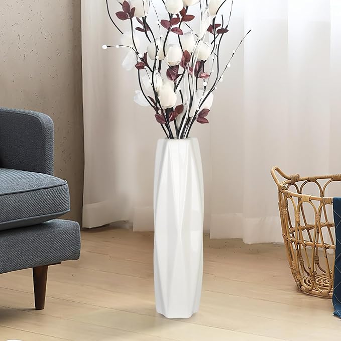 Large Ceramic Floor Vase 17.7 Inches Tall,White Tall Modern Flower Vases For Office, Home,Farmhouse,Living Room Décor,Simple Origami Design Fall Decorative Porcelain flower Arrangement Vase Ideal Gift