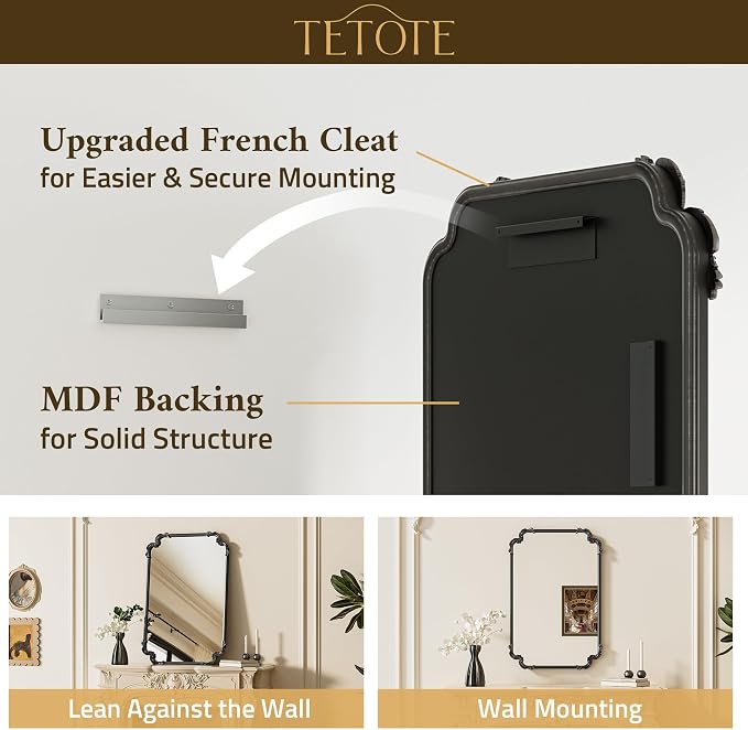 TETOTE Antique Black Rectangle Mirror for Mantle Fireplace 30 x 36 Baroque Vintage Ornate Scroll Wall Mirror with Metal Frame for Traditional Victorian French Decor, Horizontal/Vertical