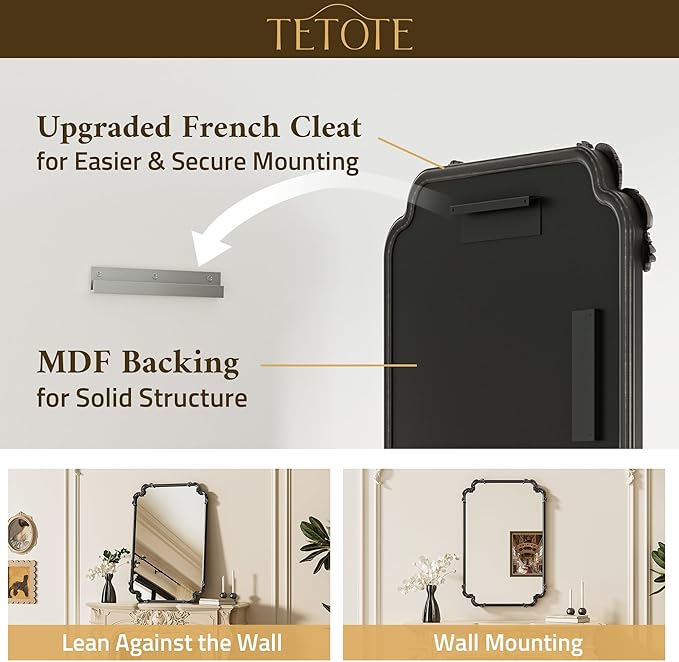 TETOTE Vintage Antique Black Rectangle Mirror for Mantle Fireplace 60 x 30 Traditional Baroque Ornate Scroll Wall Mirror with Metal Frame for Living Room Bedroom, Horizontal/Vertical