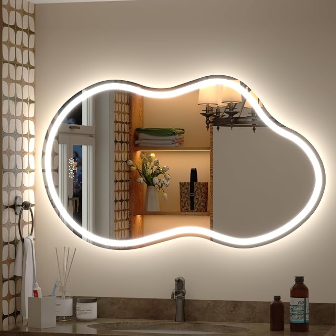 40x24 Inch Irregular Cloud LED Bathroom Mirror, Asymmetrical Backlit Bathroom Vanity Mirror, Anti-Fog, Dimmable, 3 Colors, Memory (Horizontal/Vertical)