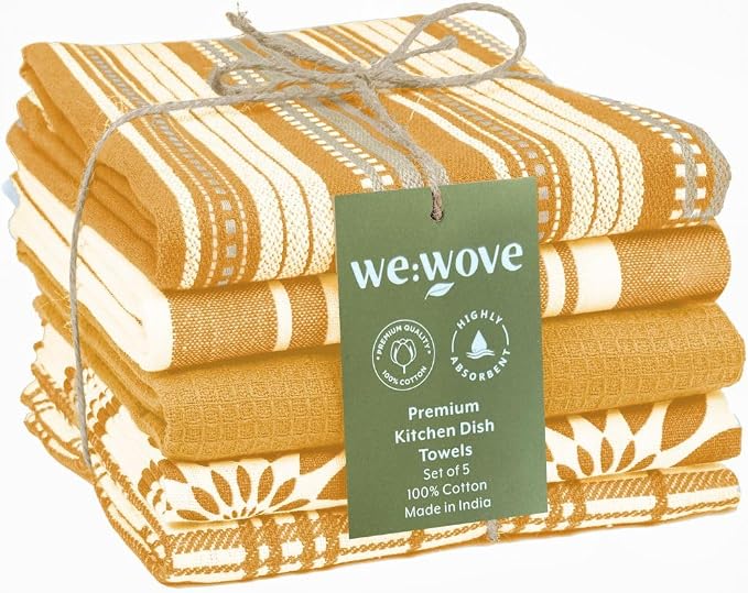 WeWove Assorted Kitchen Towels Set of 5 - 100% Cotton Dish Cloths Towels with Hanging Loop - Soft Absorbent Washable Reusable for Kitchen Use - Quick Drying 16x26 inch Dish Towels Mustard Yellow