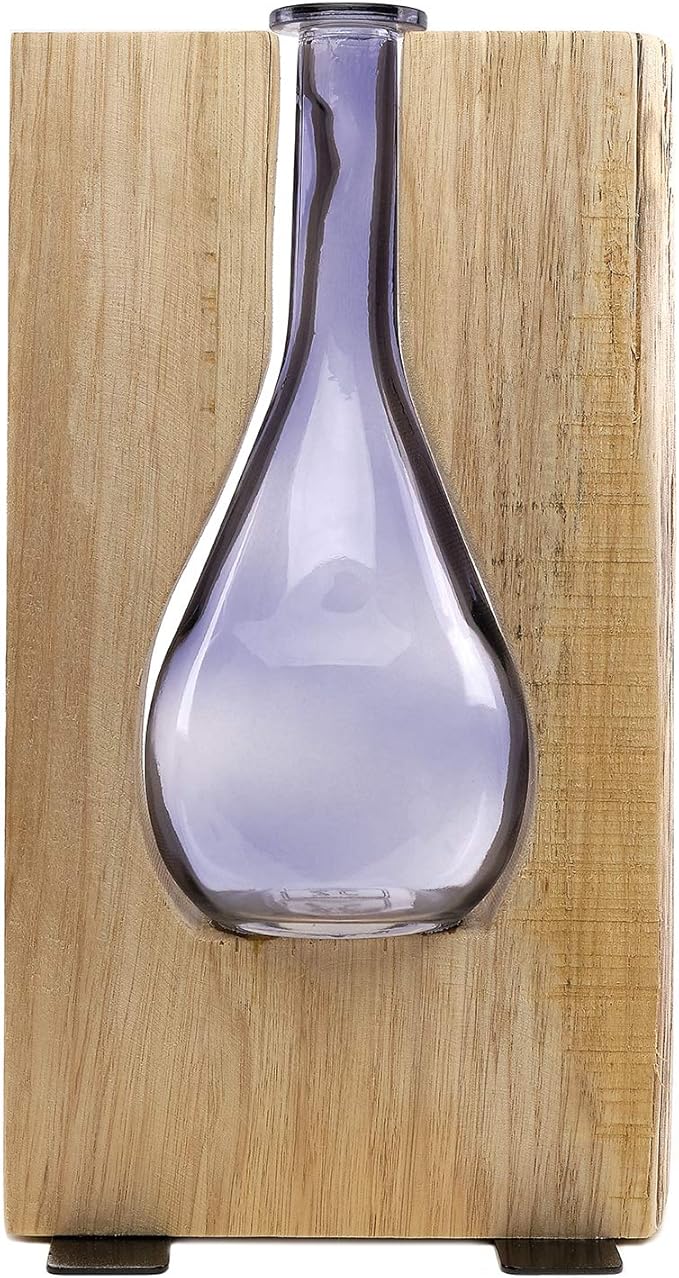 EXCELLO GLOBAL PRODUCTS Round Purple Glass and Wood Vase - Rustic Flower Vase Decorative Centerpieces for Dining Room Table Coffee Tables Vintage Farmhouse Decor (Tall - 13" x 7")