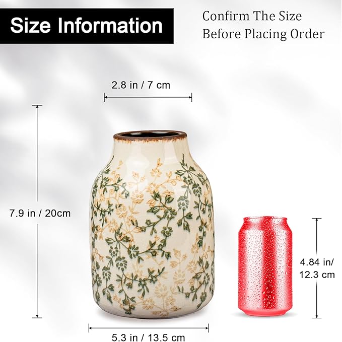 Green Vinatge Vase, Farmhouse Rustic Ceramic Flower Vase, Antique Chinoiserie Vases, Decorative Ice Cracked Large Vases for Home Decors, Living Dining Room Table, Shelf Decor, Office, 7.8 Inch