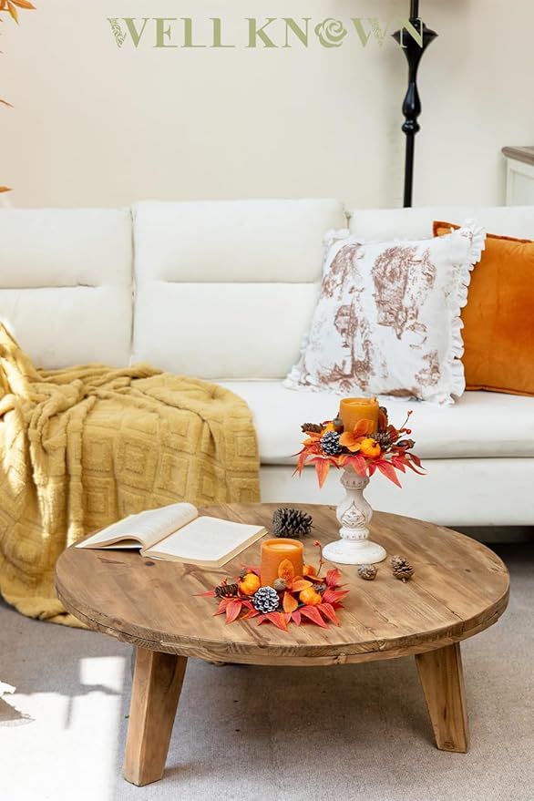 2 Pcs Mini Fall Orange Pumpkins and Maples Candle Rings Wreaths for Pillars Home Table Window Decor, 9" Artificial Flower Cabinet Wreath for Winter Kitchen Farmhouse Wedding Christmas Party & Gift