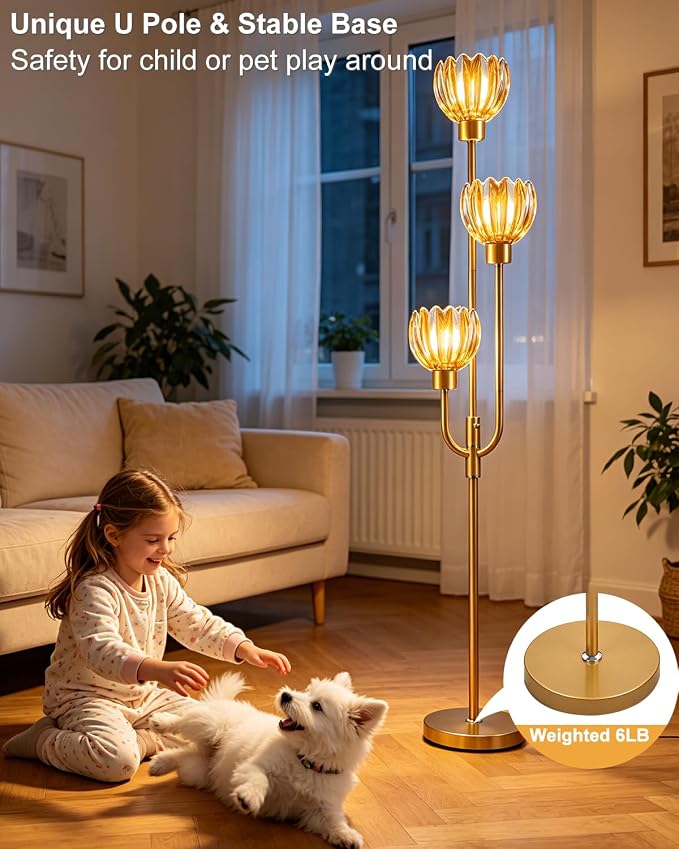 Lightdot 3-Lights Modern Glass Floor Lamp Gold Dimmable Floor Lamps with 3000K Warm White Bulbs for Wedding Party 66IN Tall Standing Lamp with Amber Glass Shade for Living Room/Bedroom/Home Decor
