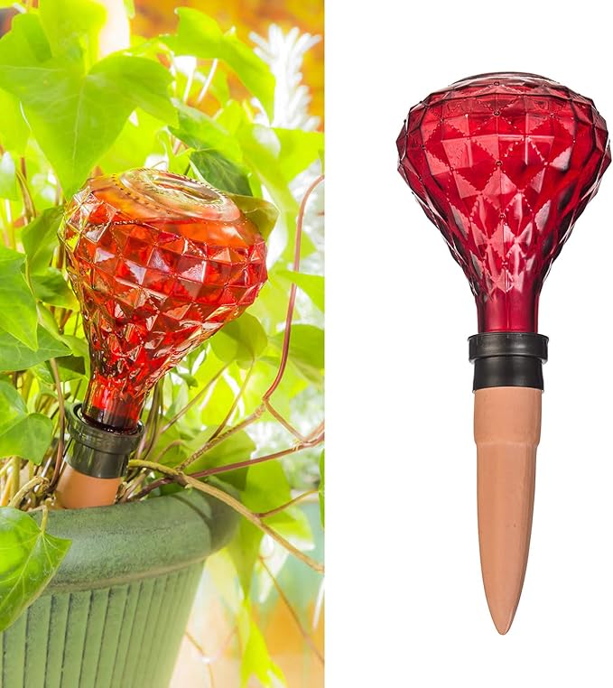 Glass Mini Watering Can Vintage Plant Mister Flower Water Spray Bottle and Faceted Glass Plant Watering Globe with Terracotta Spike,Red