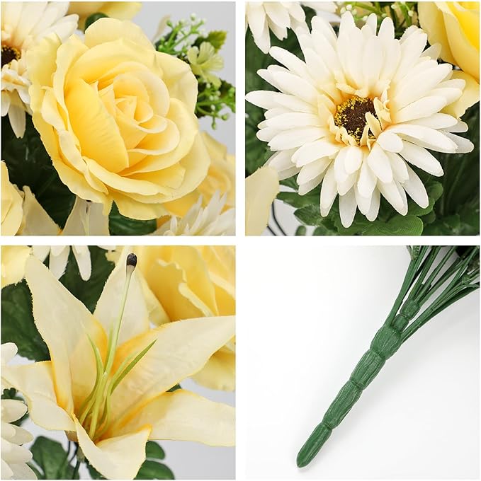 Hollyone Set of 2 Artificial Cemetery Flowers for Grave Yellow Cemetery Memorial Flowers for Cemetery Outdoor Grave Decorations Silk Flower Arrangements Rose Lily Gerbera Floral Flowers Bouquets