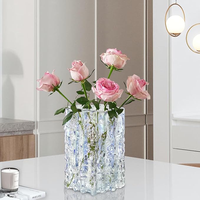Aoderun Glass Vase Crystal Vase Heavy Duty Large Flower Vase for Dining Table Kitchen Office Home Shelf Wedding Living Room Centerpieces(Iridescent Clear)