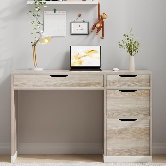 48 Inch Small Desk with Drawers, Walnut Desk with Storage, Study Desk with Filing Cabinet for Bedroom