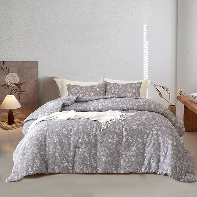 EAVD Garden Grey Floral Duvet Cover Full Soft Cotton Chic Shabby Cute Floral Bedding Set with 2 Pillowcases Fresh Reversible Vintage Botanical Duvet Cover with Zipper Closure
