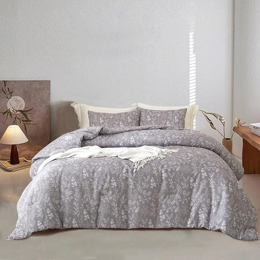 EAVD Garden Style Grey Floral Duvet Cover Twin XL Soft Cotton Chic Shabby Cute Floral Botanical Bedding Set with 2 Pillowcases Fresh Reversible Botanical Duvet Cover with Zipper Closure