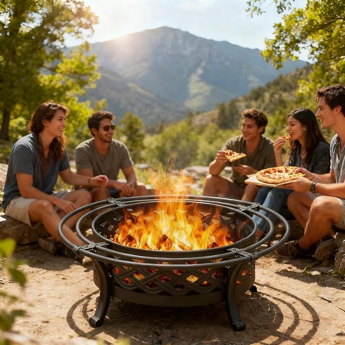 Panovue 36 Inch Fire Pit with 2 Loops,Crossweave Wood Burning Fire Pits for Outside,with Spark Screen,Fire Poker,Round Outdoor Firepit for Patio,Yard,Garden,Camping,Bonfire(36''Black)