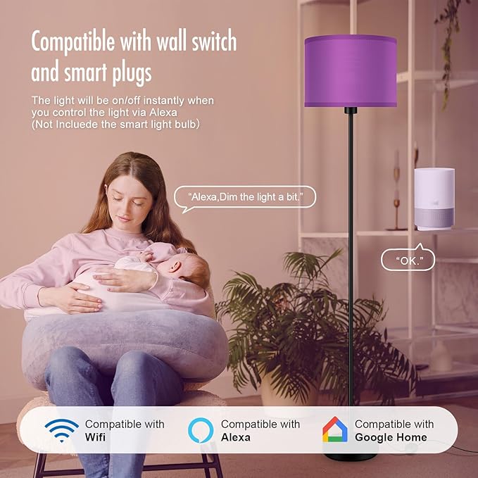 AUQUEE Floor Lamp, Standing Lamp, Modern Stand Up Lamps with Purple Lampshade, 59" Tall, Foot Switch, Simple Living Room Decor for Kids Room, Girls Room, Den, Office - Black(NO Bulb,E26 Base)