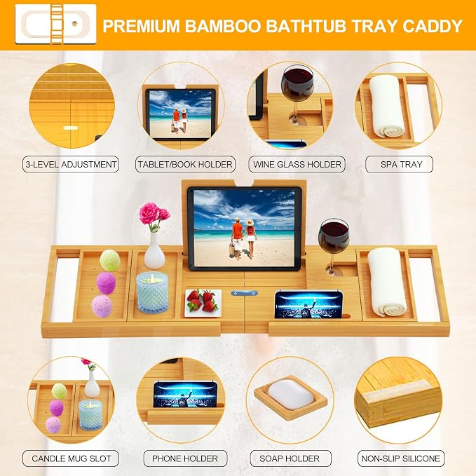 Premium Bathtub Tray Caddy - Bath Tray Bamboo Expandable - Bath Tub Tray Table for Bathtub - Expandable Size, Fits Most Bath Tubs - Natural Bamboo Wood