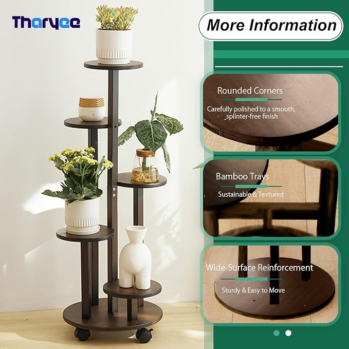 5 Tier Plant Stand Indoor, Wood Plant Shelf Corner Display Rack with Wheels, Multiple Plants Ladder Holder for Living Room Balcony Bedroom Garden Patio (Dark brown, 5 Tier)