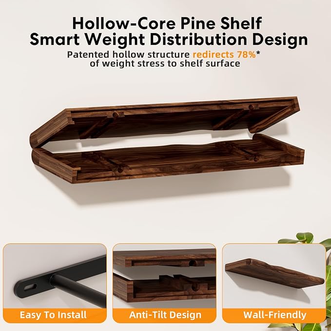 Solid Wood Live Edge Floating Shelves Set of 2 – 36" Rustic Wall Shelf with Hidden Bracket System, Wall Mounted Shelves for Bathroom, Kitchen, Living Room, Bedroom (Walnut)