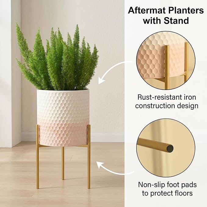 Modern Planter Pots, Set of 2 White Pink Planters with Stand, Decorative Planters, Metal Pots with Drainage Holes for Living Room, Office, Garden