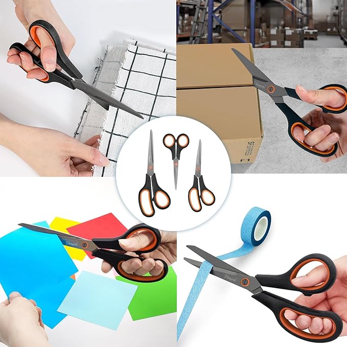 Scissors, 3-Pack Titanium Coated Non-Stick Scissors (8.5’’, 7.5’’, 5.5’’), Comfort Grip, All-Purpose Cutting Tools for Office, Craft, Sewing