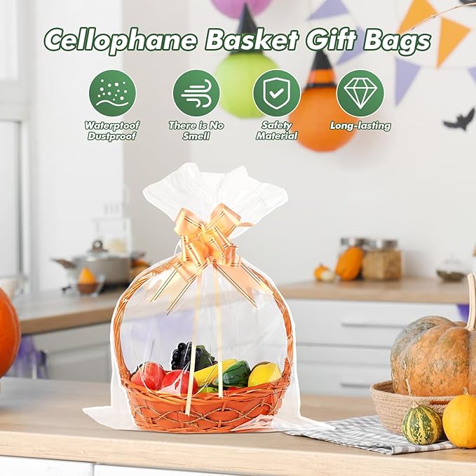 30 Packs 32” x 40” Gift Wrap Cellophane Bags for Basket Extra-large Jumbo Clear Cellophane Wraps Clear Huge Cello Bags for Basket, Gift, Christmas Tree, Treat, Art and Craft, 30ct Golden Ribbon Bows