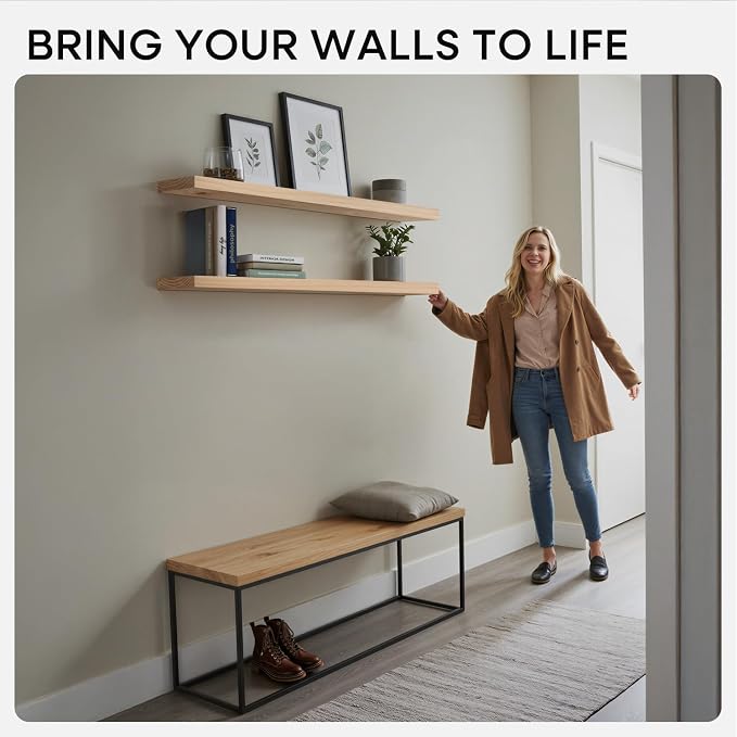 Homeforia 60 inch Natural Floating Shelf, High End Solid Real Wood 60inch Small Floating Shelves for Wall Mounted, Natural Wooden Floating Shelves, Heavy Duty Bracket, 60 X 6.5 X 1.75 in, Set of 3