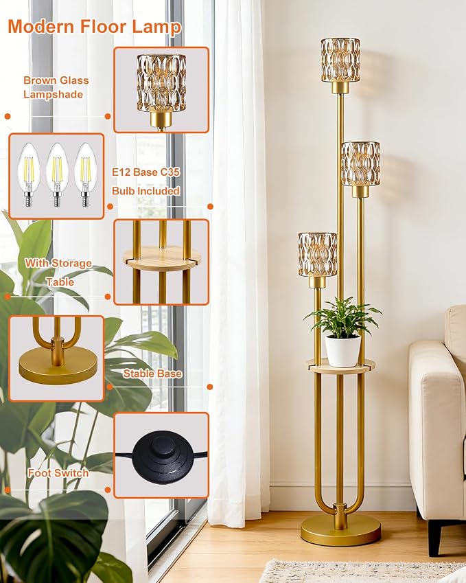 62IN Gold Floor Lamp with Amber Glass Shade 3-Lights Mid-Century Modern Farmhouse Floor Lamps with 3000K Warm White Bulbs, Tall Standing Lamp 5Lbs Heavy Base for Living Room/Bedroom/Corner