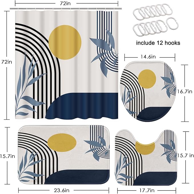 Boho Mid Century Shower Curtain Set with Toilet Lid Cover and Non-Slip Rugs, Abstract Geometric 4 Pcs Modern Minimalist Blue Yellow Vintage Shower Curtain for Bathroom Set with 12 Hooks