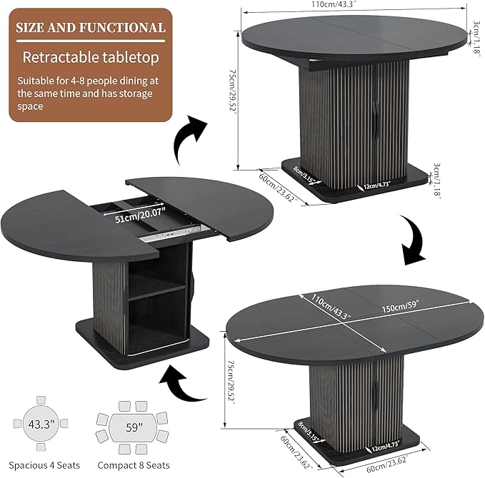 Extendable Black Round Dining Table for 4-6-8, 59 Inch Kitchen Dining Room Table with Storage, Modern Oval Circle Dinner Furniture, Fluted Wood Slide Door, for Home, Living Room, Farmhouse, Black
