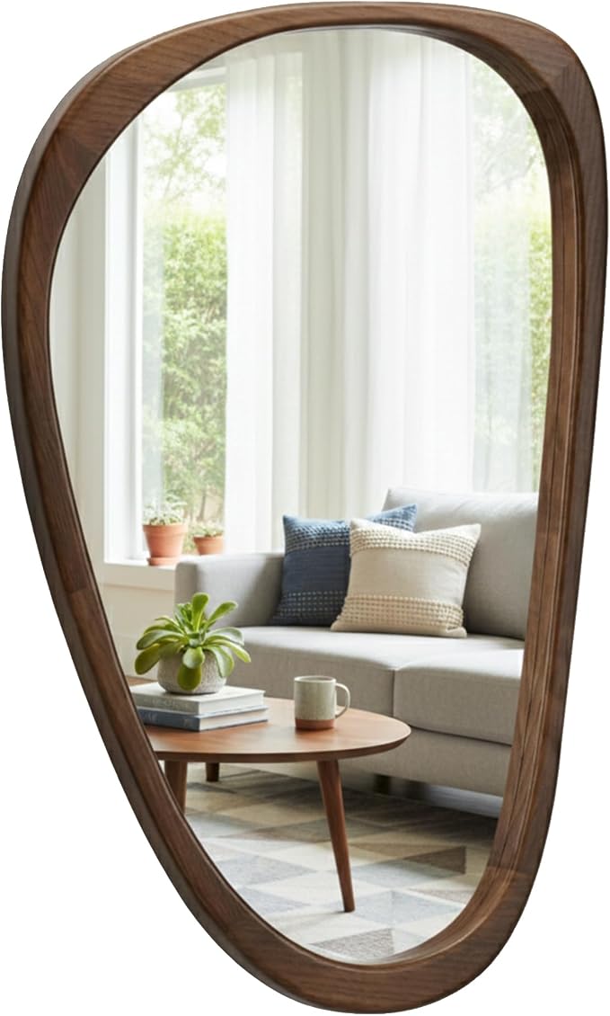 Solid Wood 36"x24" Retro Mid-Century Asymmetrical Wall Mirror, Irregular Wooden Wall-Mounted Mirror, Sculptural Bathroom Vanity Mirror for Living Room & Sideboard, Dark Walnut