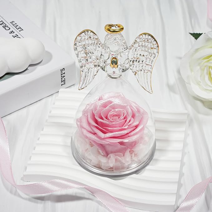 Sunia Preserved Flower Rose Gift for Women - Mother's Day Birthday Gifts for Mom Wife Grandma, Glass Angel Figurines Forever Real Roses Gifts for Her Valentine Day Thanksgiving﻿ (Sparkling Pink)