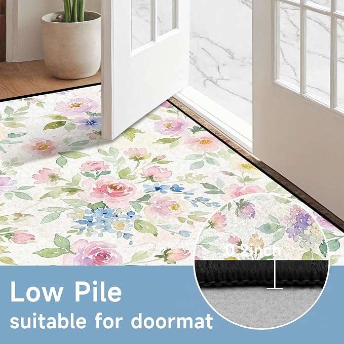 Watercolor Floral Rug 6'x9' Soft Pastel Botanical Area Rug for Entryway Bedroom Living Room Nursery Kitchen Playroom Home Decor Low Pile Non-Slip Washable Carpet