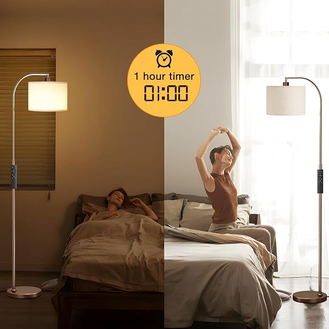 Ambimall Arc Floor Lamp with Remote and Stepless Dimmable Bulb, Colors Temperature & Brightness Adjustable, Floor Lamps for Living Room（Deep Beige Shade & Brown Pole）