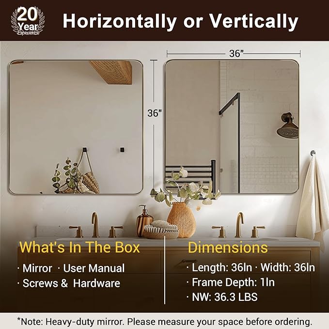 ANDY STAR Gold Bathroom Mirrors for Over Sink, 36x36 Inch Brushed Gold Wall Mirror, Rectangular Metal Framed Vanity Mirror -Modern Clean Design with Superior Stainless Steel Frame