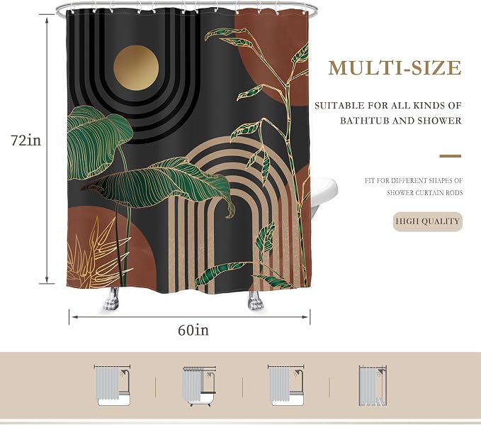 Glawry Dark Brown Mid Century Shower Curtain 60Wx72L Inches Boho Abstract Retro Tropical Palm Leaves Modern Bathroom Aesthetic Bath Accessories Art Home Decor Fabric with Hooks